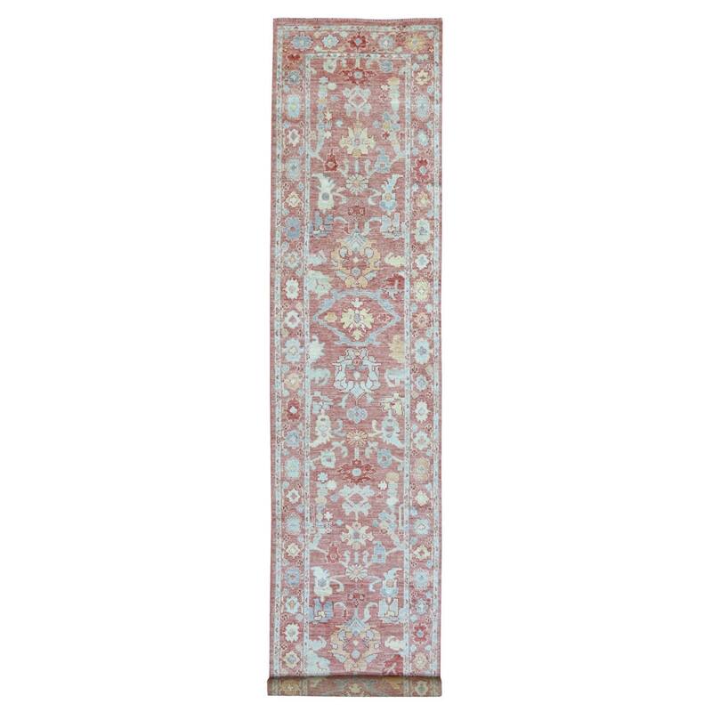 Shahbanu Rugs Hand Knotted Deep Red Oushak with Colorful Motifs Design